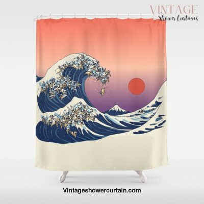 The Great Wave of Pug Shower Curtain Offical Vintage Shower Curtain Merch