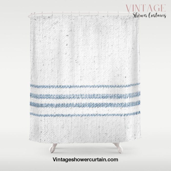 Vintage Farmhouse Grain Sack Soft Blue Stripes Shower Curtain Offical Vintage Shower Curtain Merch